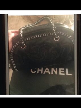 CHANEL Black Quilted DomeSatchel with Chain-TrimHandles sale helping moms cancer